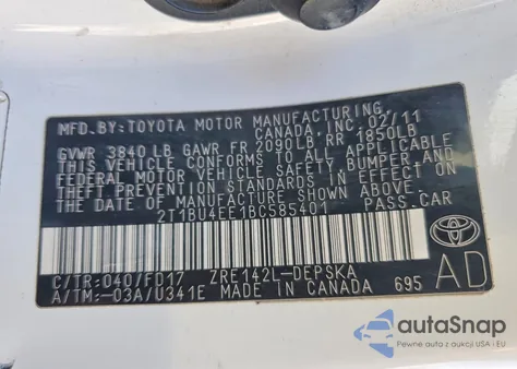 2011 Toyota Corolla S z USA, uszkodzony, nr VIN 2T1BU4EE1BC585401